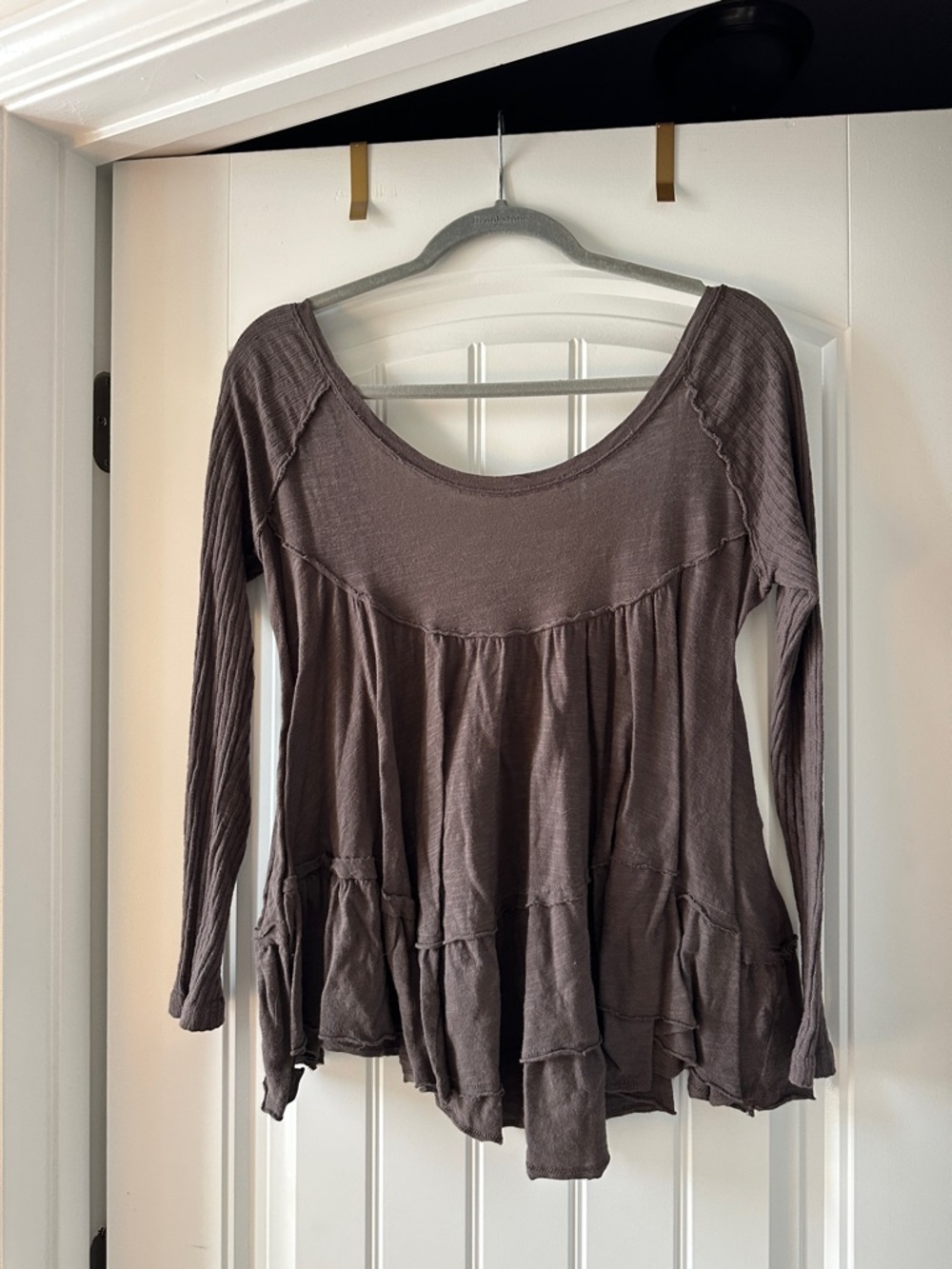 We The Free Scoop Neck Long-Sleeve Peplum Top - Brown/plum